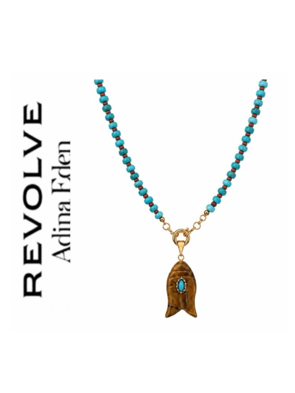 Revolve x Adina Eden Tiger’s Eye & Turquoise Fish Pendant Beaded Necklace